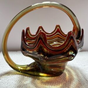 Sooner Ozark Arklahoma Art Glass Splash Handled Basket in Earth Tones-Preowned